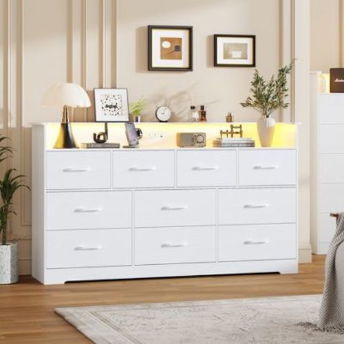 10 Drawer Dresser for Bedroom - 65'' Wide Chest of Drawers with Large Storage Space and Charging Station, Modern TV Stand Organizer Cabinet, White