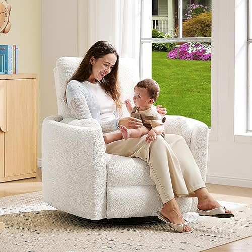 Jocisland Power Rocking Nursery Chair, Oversized Recliner Swivel Glider Chairs for Adults with 2 Pillows, USB & Type-C, Cozy Reclining Armchair Sofa for Living Room, Bedroom, Nursing, White Teddy