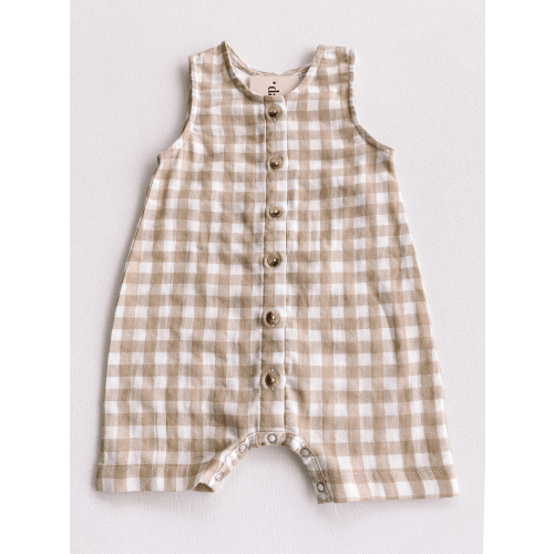 shortie romper - tan gingham