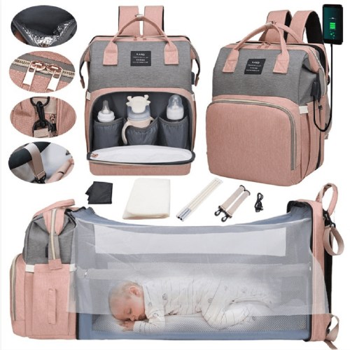 Diaper bag large backpack, multifunctional baby diaper changing bag, with foldable crib and insulated bottle bag, large capacity travel backpack, with USB charging port and baby stroller strap (pink)