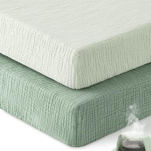 Muslin Crib Sheets for Boys Girls, 100% Cotton Fitted Crib Sheet 2 Pack for Standard Crib and Toddler Mattress, Breathable Soft Baby Sheet 28x52x8in Gradient Green
