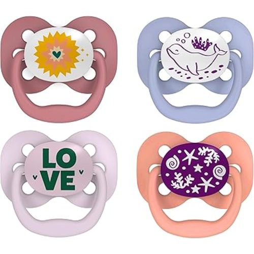 Dr. Brown's Advantage Baby Pacifier, Fully Symmetrical Soother with Soft Silicone Bulb, Glow-in-The-Dark Coral Ocean-Lavendar Love, 0-6m, BPA-Free, 4-Pack