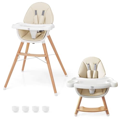 BABY JOY Baby High Chair, Wooden High Chair for Babies & Toddlers with Dishwasher Safe Double Removable Tray, Infant Feeding Chair with 5-Point Safety Harness & Detachable PU Seat Cushion (Beige)