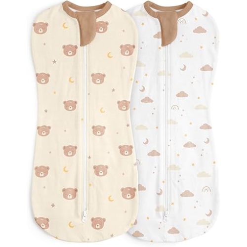 Baby Swaddle 0-2 Months, Cotton Arm-In Zipper Sleep Sack, Wearable Blankets Wrap for Newborn Infant Girls, Boys (Bear, Star Moon, Pack of 2)