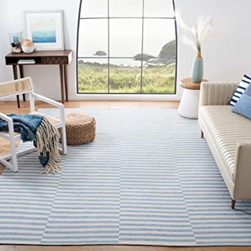 SAFAVIEH Area Rug 8x10 - Montauk Collection - Large - Ivory & Light Blue, Handmade Cotton, Stripe Pattern, Ideal for Living Room, Bedroom, Office, Dining Space (MTK715B)