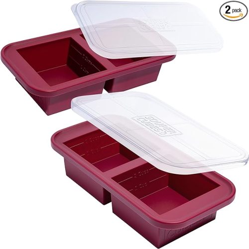 Souper Cubes 2 Cup Freezer Tray with Lid, Cranberry, 2-Pack | 100% Platinum-Cured Silicone Freezer Cubes, Oven and Microwave Safe, Perfect for Freezing Lasagna, Casseroles and More