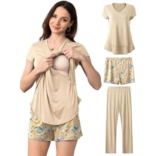 SUNNYBUY 3 PCS Maternity Breastfeeding Pajamas Set, Hidden Nursing Tops, Adjustable Pregnancy Shorts & Pants Postpartum PJS