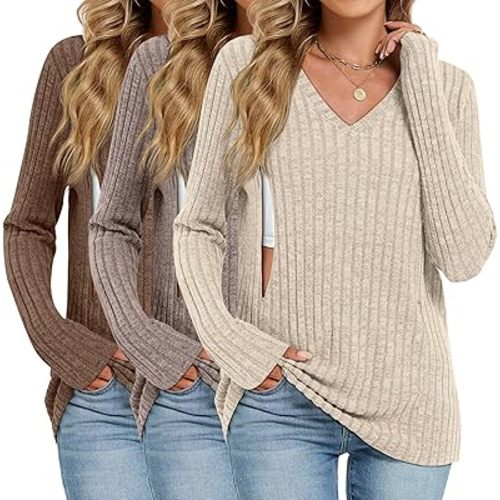 3 Pack Women's Maternity Nursing Tops, V Neck Breastfeeding Sweaters Long Sleeve Hidden Zipper Shirts