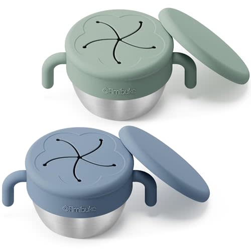 Fimibuke Snack Containers for Toddler Kids, 12 OZ Stainless Steel Snack Cup | Spill Proof Baby Cups w/ Removable Silicone Food Catcher, Handles & Travel Lid BPA-Free Dishwasher Safe Food Container 2 Pack