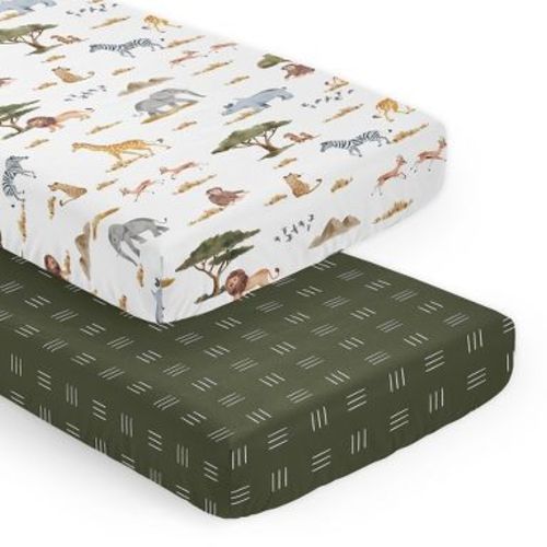 Sweet Jojo Designs Gender Neutral Unisex Fitted Crib Sheets Set Jungle Yellow Green Rust Orange 2pc