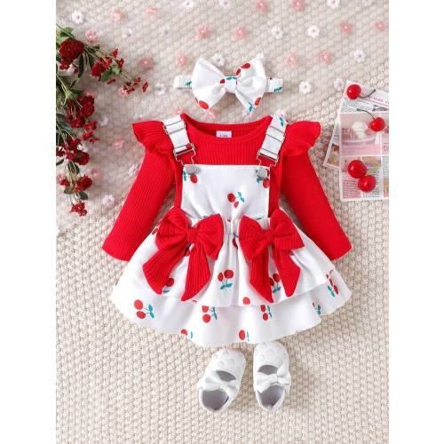2pcs Baby Girl Cute Long Sleeve Bodysuit With Suspenders Skirt And Headband Set, Lightweight For Spring And Autumn | SHEIN