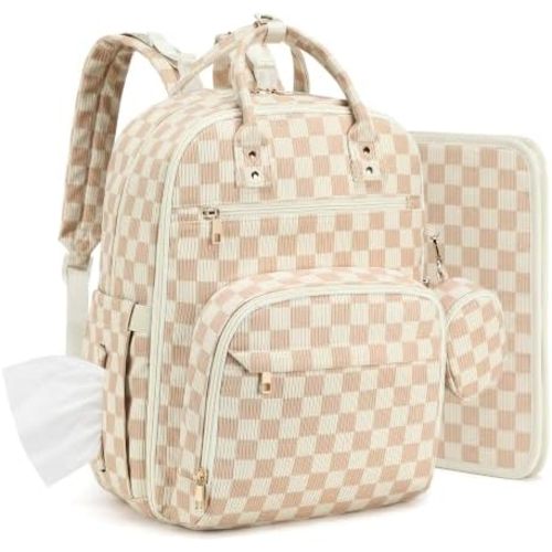 Corduroy Diaper Bag Backpack with Insulated Bottle Pockets, Checkered Brown