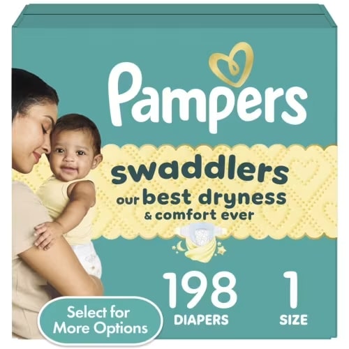Pampers Swaddlers Diapers, Size 1 (8-14 lbs), 198 Count, Absorbent, Keeps Baby Dry and Comfortable, Skin Safe Disposable Baby Diaper (Packaging May Vary)