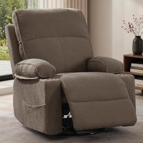 Korser 360° Swivel Rocker Recliner Chair, Nursery Glider Rocking Chair with Cup Holders, Small Recliners for Small Spaces, Upholstered Manual Reclining Chair for Living Room, Bedroom(Sherpa, Brown)