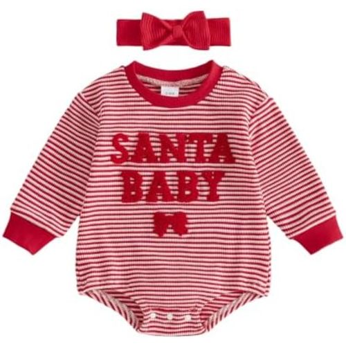 Christmas Newborn Baby Girl Outfit Long Sleeve Striped Waffle Bubble Romper