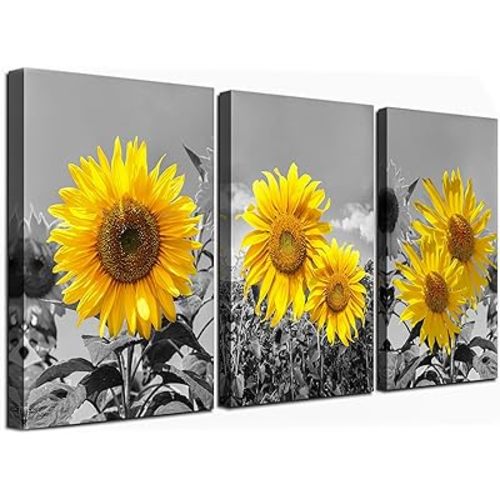 USIXA Sunflower Wall Art for Living Room Black White Flowers Wall Decor Yellow Floral Canvas Prints Painting Wood Frame with Hook Decorative Botanical Blossom Picture Artwork in 3 Panels 12×16 Inches