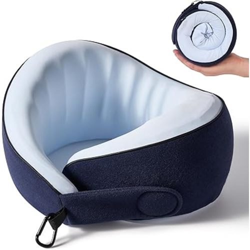 KPNEOL Travel Pillow, 100% Pure Memory Foam Travel Neck Pillow Airplane Neck Support Ergonomic Design for Traveling Suitable for Airplanes,Offices and Cars-Cooling Silk Blue
