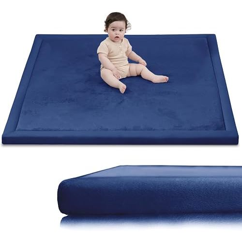 Huloo Sleep Baby Play Mat for Floor,1.3" Thick Elasti-Foam 50x50 Playpen Mat for Toddlers Infant Kids,Water-Repellent Soft Coral Velvet Tummy Time Non Slip Crawling,Tatami(Dark Blue)