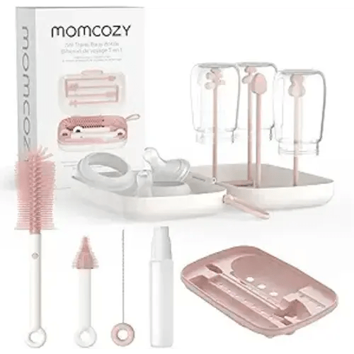 Momcozy 7-in-1 Baby Bottle Cleaner Kit with Silicone, Nipple & Straw Brushes, Soap Dispenser and Drying Rack - Portable Cleaning Tool for Home and Travel, Pink