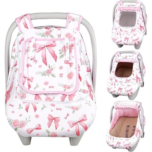 Car Seat Cover Baby Girls Winter, Dual Zipper Infant Carseat Covers with Breathable Mesh, Universal & Warm Protection Canopy Snug Fit Baby Carseats & Strollers, Pink Rose