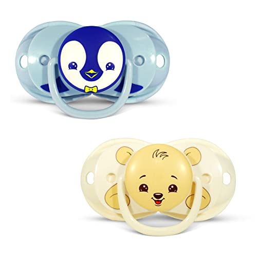RaZbaby Keep-It-Kleen Baby Pacifier 2-Pack Closes When Dropped - BPA-Free Silicone Orthodontic Nipple, Ideal for Travel, Nipple Stays Clean, 0-36 Months - Bear/Pinguin Design