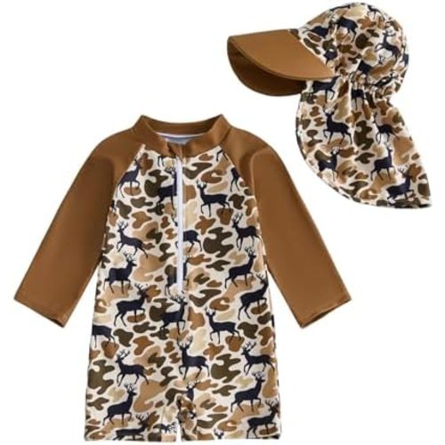 Baby Boy Swimsuit with Sun Hat Camouflage Zipper Long Sleeve Toddler Swimsuit Summer Beach Rash Guard Bathing Suit