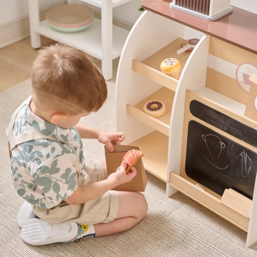 Teamson Kids Wooden Coffee Stand Pretend Play with Coffee Machine and 29 Pcs Accessories for Age 3-5 Kid and Toddlers