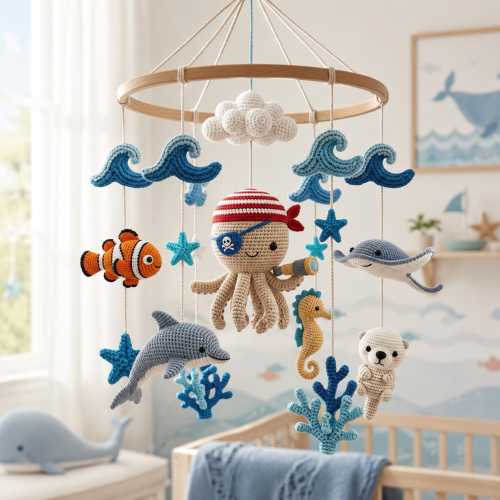 Handmade Pirate Octopus Baby Mobile, Ocean Baby Mobile: Handmade Crochet Sea Animals Nursery Decor, Whale, Octopus Crib Mobile