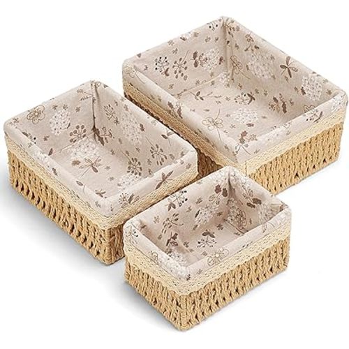 Amaredom Floral Wicker Baskets, Handwoven Multi-size 3-Pack Storage Baskets Set, Perfect For Home Organizing, Storage and Décor - Beige