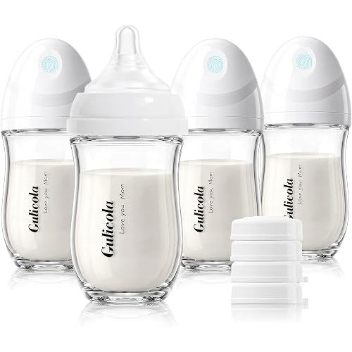 Gulicola Natural Glass Baby Bottle 4 Pack, Newborn Breastfeeding Bottles Set, Extra Slow Flow Nipples (SS), Anti Colic, 0 Months+, 5 oz - White