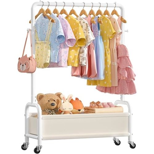 Kids Clothing Rack with Storage Shelf & Wheels, Kids Dress Up Rack Storage for Coats, Small Baby Garment Rack for Hanging Clothes, Toddler Wardrobe Closet Organizer for Kids (Classic, White)