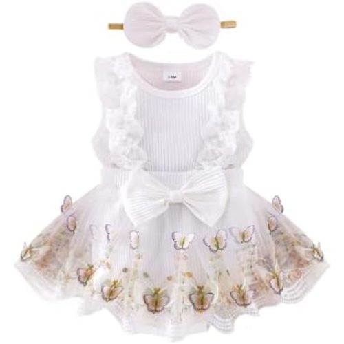 Baby Girl Clothes Infant Summer Outfits Cute Butterflies Mesh Ruffle Sleeveless Romper Headband Set 0-12 Months