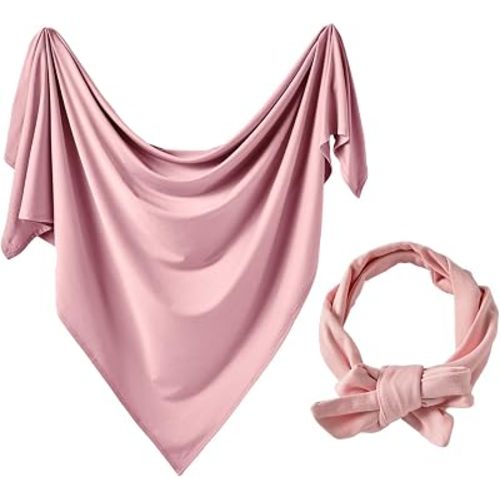 Newborn Swaddle Blanket with Hat Set Beanie Newborn Photography Wraps Hospital Receiving Blankets for Girls Boys 35"*35"(Pink)