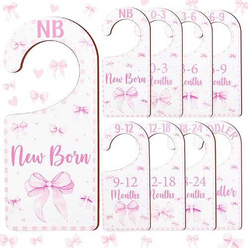 Baby Closet Dividers 8PCS, Pink Bow Themed Wooden Double-Sided Clothes Size Hanger Organizer from Newborn to Toddler for Nursery Decor Baby Shower Birthday Gift