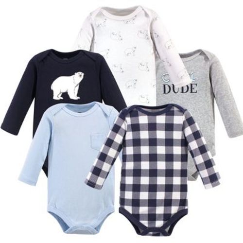 Hudson Baby Basics Infant Boys Cozy Long Sleeve Bodysuits 5-Pack, Winter Cub, 0-3 Months