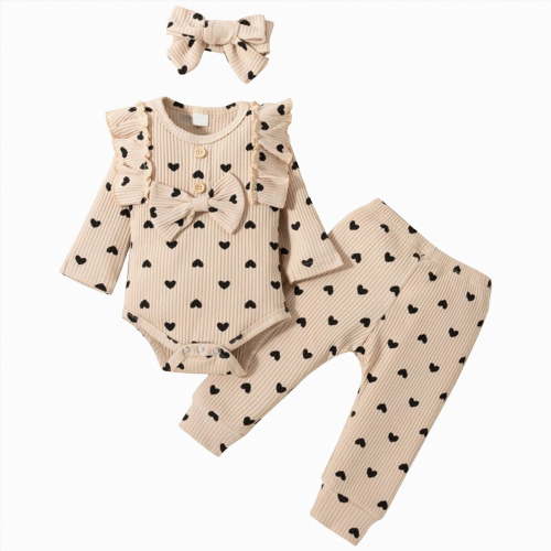 CAICJ98 Infant Newborn Baby Girl Clothes Fall Winter Outfits Ruffled Long Sleeve Romper Pants Set Headband Toddler Clothing 3Pcs (Khaki,3-6 Months)