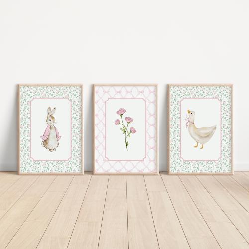 3-Set Peter Rabbit Silly Goose Print, Farm Nursery Decor, Vintage Nursery, Beatrix Potter, Peter Rabbit Prints, Pink Girl Nursery Decor