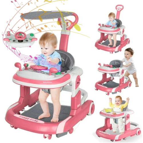 OUYI 4-in-1 Foldable Baby Walker & Activity Center for 6 - 36 Months Baby Boys & Girls, with Toys Tray & 4-Gear Height Adjustment(Pink)