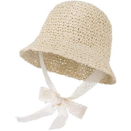 Baby Girl Straw Sun Hat, Toddler Summer Beach Hat, Soft Foldable Infant Sun Hat with Lace Bowknot, Outdoor UV Protection Cap