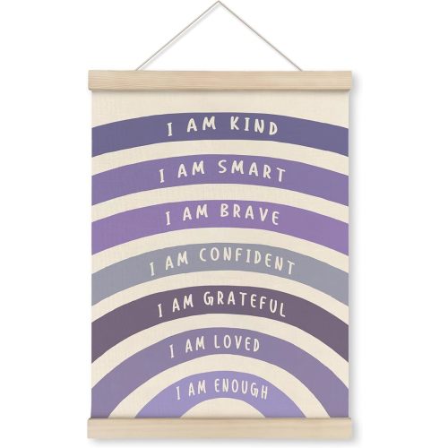 HRQKO Purple I Am Kind Smart Poster Hanger Frame, Boho Rainbow Classroom Wall Art with Wooden Frames, Positive Affirmation Hanging Wall Decor for Nursery Girls Room, Mental Health Decor,12x16 inch
