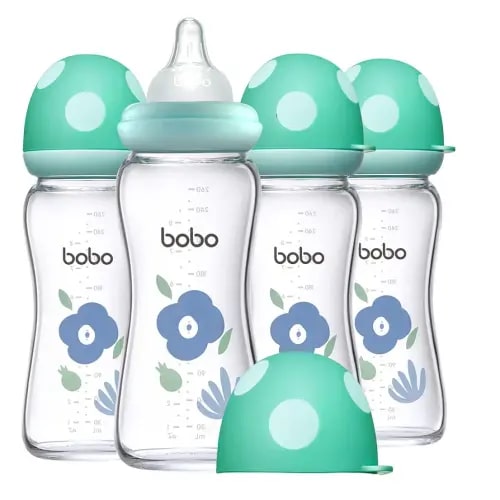 YOHKOH Natural Glass Baby Bottle with Natural Response Nipple, Newborn Anti-Colic Baby Bottles, Wide Neck Mushroom Cap Baby Bottle, Clear (Blue, (8.8oz (Pack of 4))
