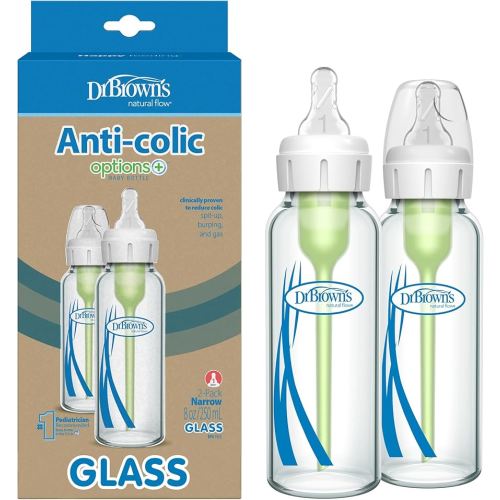 Dr. Brown's Natural Flow Anti-Colic Options+ Narrow Glass Baby Bottle 8 oz/250 mL, with Level 1 Slow Flow Nipple, 2 Pack, 0m+