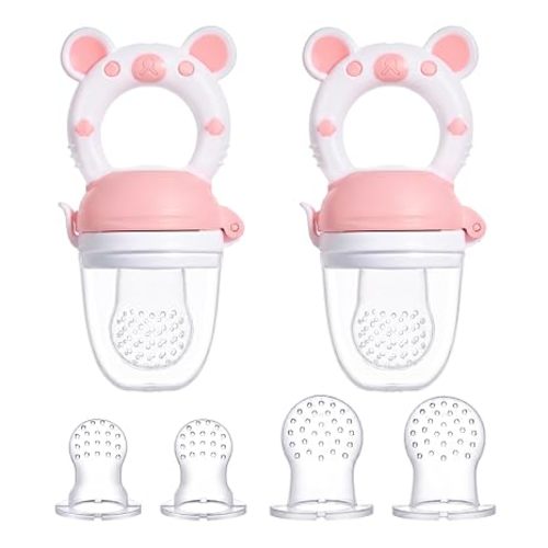 JOCHEBED Baby Fruit Food Feeder Pacifier, Silicone Teething Relief Toy, 2-Pack with 6 BPA-Free Pouches, Light Pink, 3-24 Months