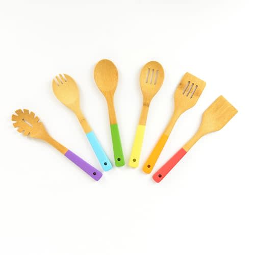 Rainbow Bamboo Kitchen Utensil Set for Kids Montessori-Inspired 6-Piece Real Cooking Tools | Ages 2+ | Natural Bamboo | Color-Coded | Thoughtful Gift for Toddlers & Preschoolers
