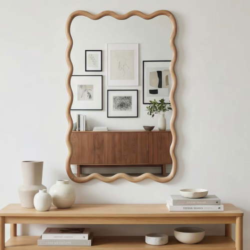 Resenkose Rustic Wavy Rectangle Solid Wood Accent Mirror, Unique Grain Decor Mirror for Bedroom, Bathroom, Living Room, Entryway, Natural Wood