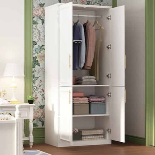 FUFU&GAGA 4-Door White Wardrobe Closet with Metal Rods and Storage Shelves - Contemporary Style Wardrobe Cabinet for Organized Clothing Storage LJY-KF020365-01 at Lowes.com