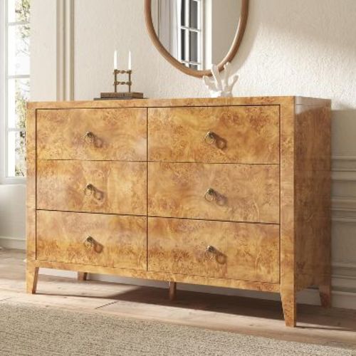 AMERLIFE 47" 6 Drawer Dresser, Mid-Century Modern Wood Storage Cabinet with High Gloss Finish, Yellow