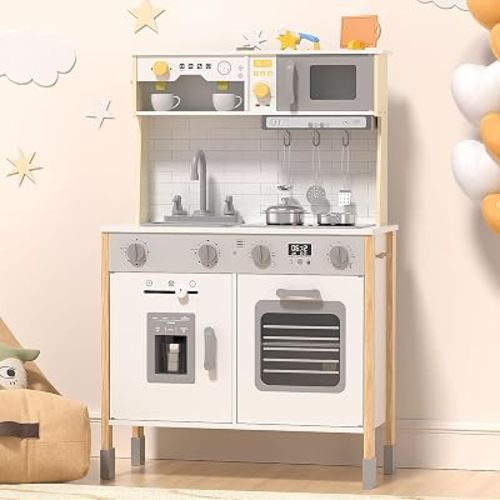 BIERUM Wooden Play Kitchen for Kids, Adjustable Height, Real Lights, Sounds