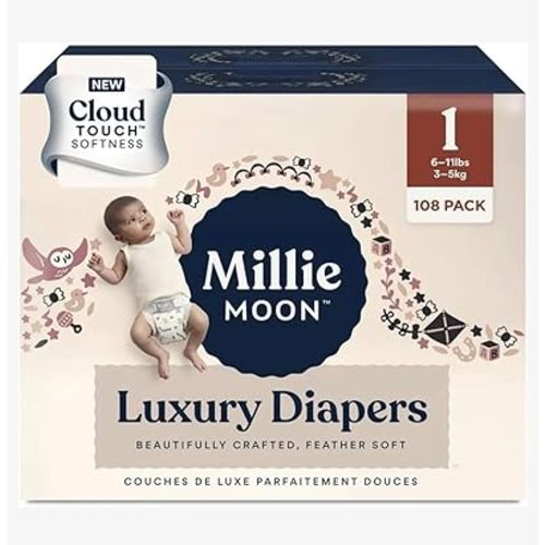 Millie Moon Luxury Diapers, Size 1 Cloud Touch Softness, Feather Soft, (100 Diapers)