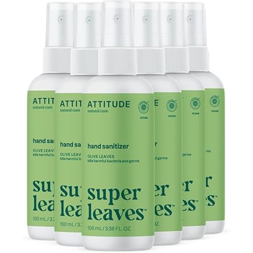 ATTITUDE Hand Sanitizer Spray for Adults and Kids, Vegan, EWG Verified, Kills Bacteria and Germs, Olive Leaves, 3.38 Fl Oz (Spray Bottle) (Pack of 6)